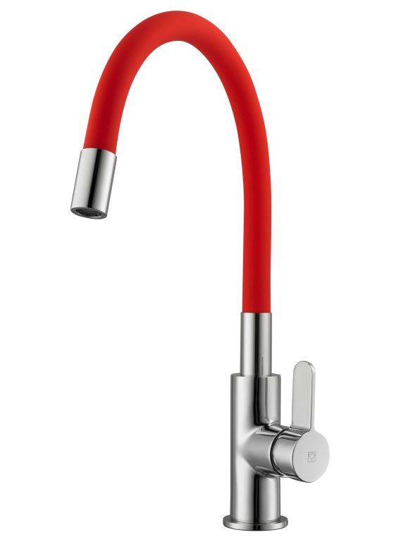 Elite Slim Küchen Einhebelmischer mit flexiblem Auslauf, chrom rot, druckfest